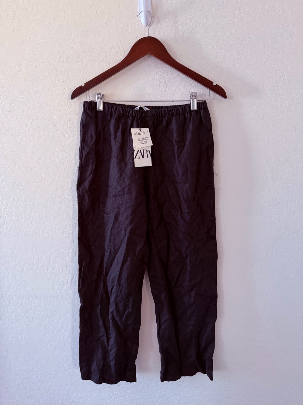 ZARA Men Black Elastic-Waist‎ Linen-Blend Chinos